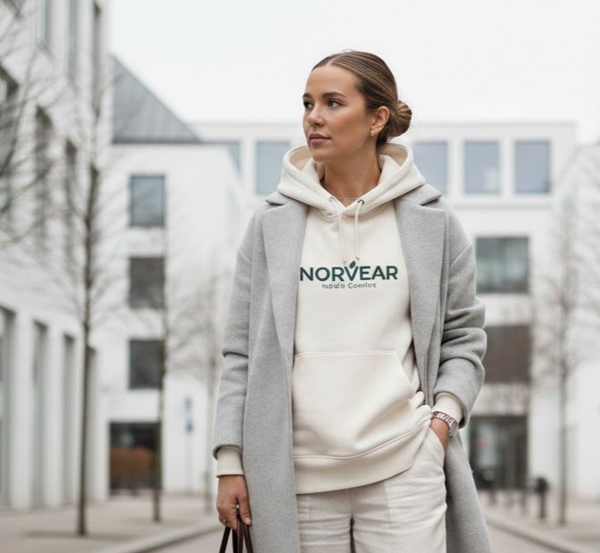 A woman modeling a minimalist Norvear Nordic hoodie in cream.