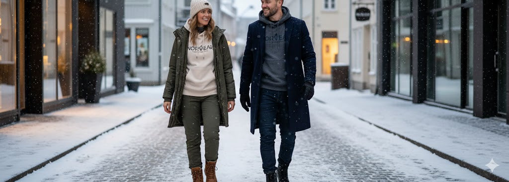 A man and woman walking through a snowy Scandinavian street, demonstrating winter layering. The woman wears a cream Norvear hoodie under an olive parka with rugged brown leather boots.