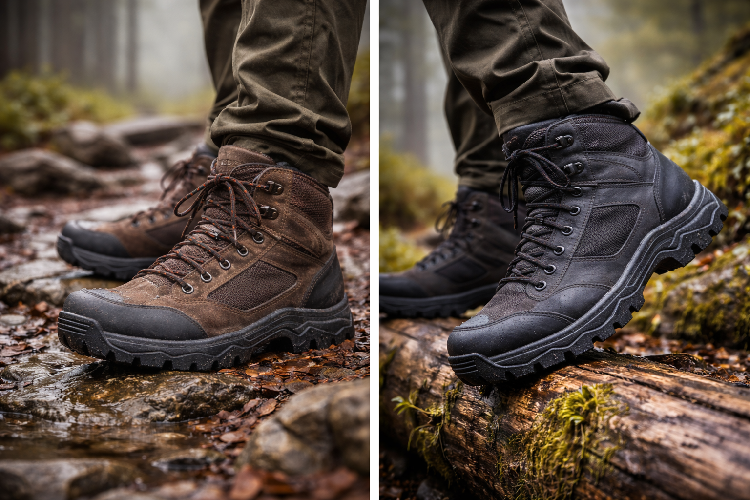 Brown hiking boots with rugged sole on outdoor forest trail