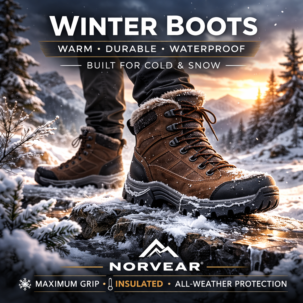 Norvear winter boots on snowy mountain terrain with insulated lining and rugged grip sole
