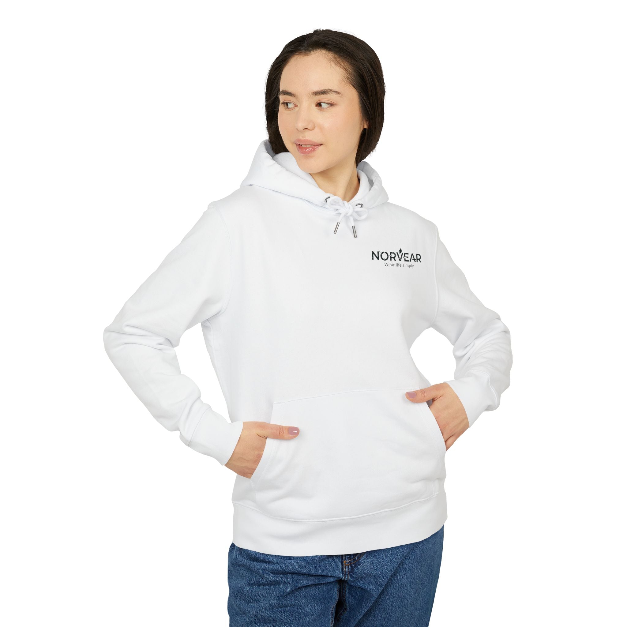 Person wearing a white hoodie with 'Norever' logo on a white background