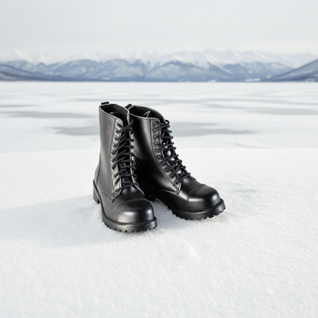Black boots on a snowy surface with mountains in the background