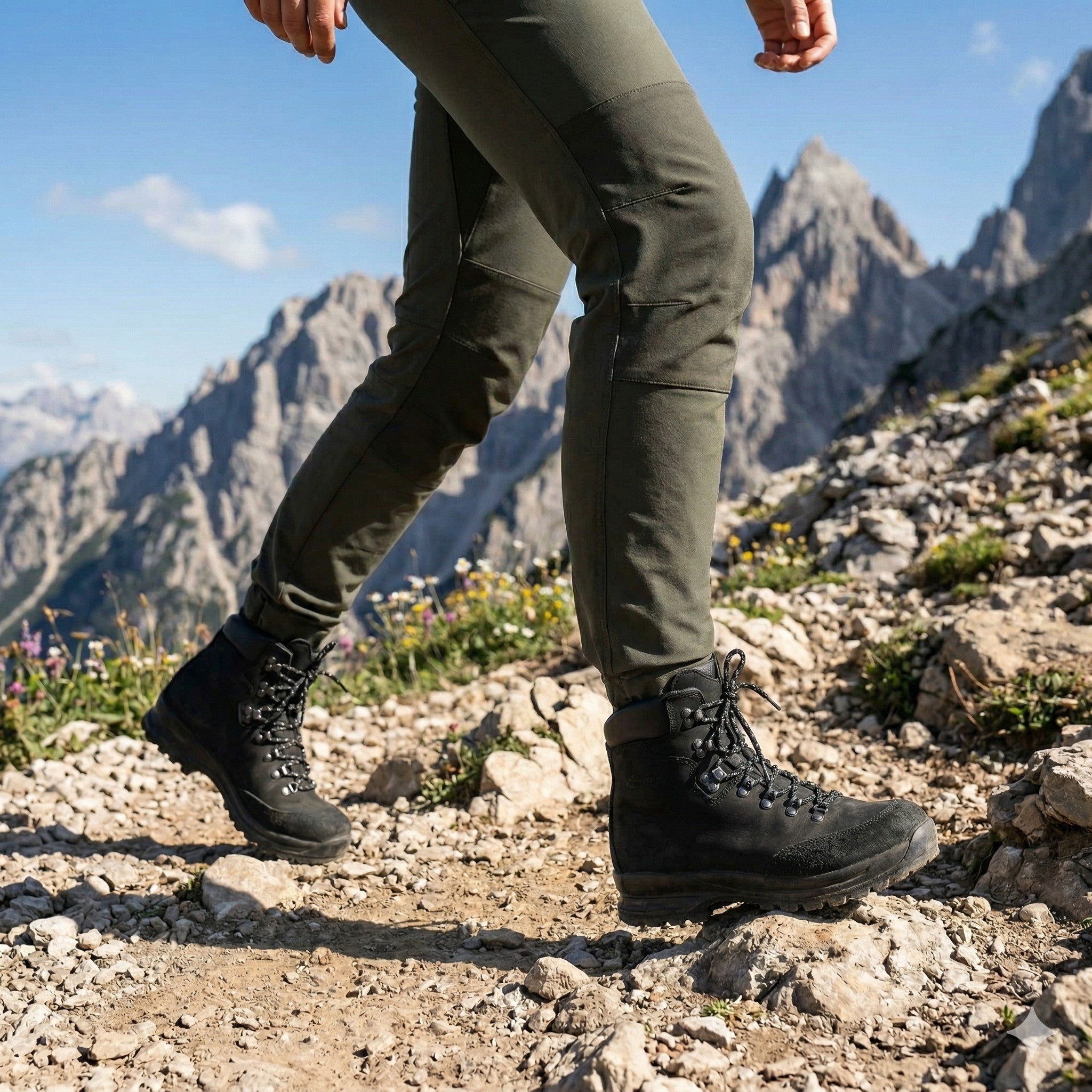 A woman wearing black leather hiking 553 black boots and olive green pants walks across a rocky mountain trail with jagged peaks in the background.