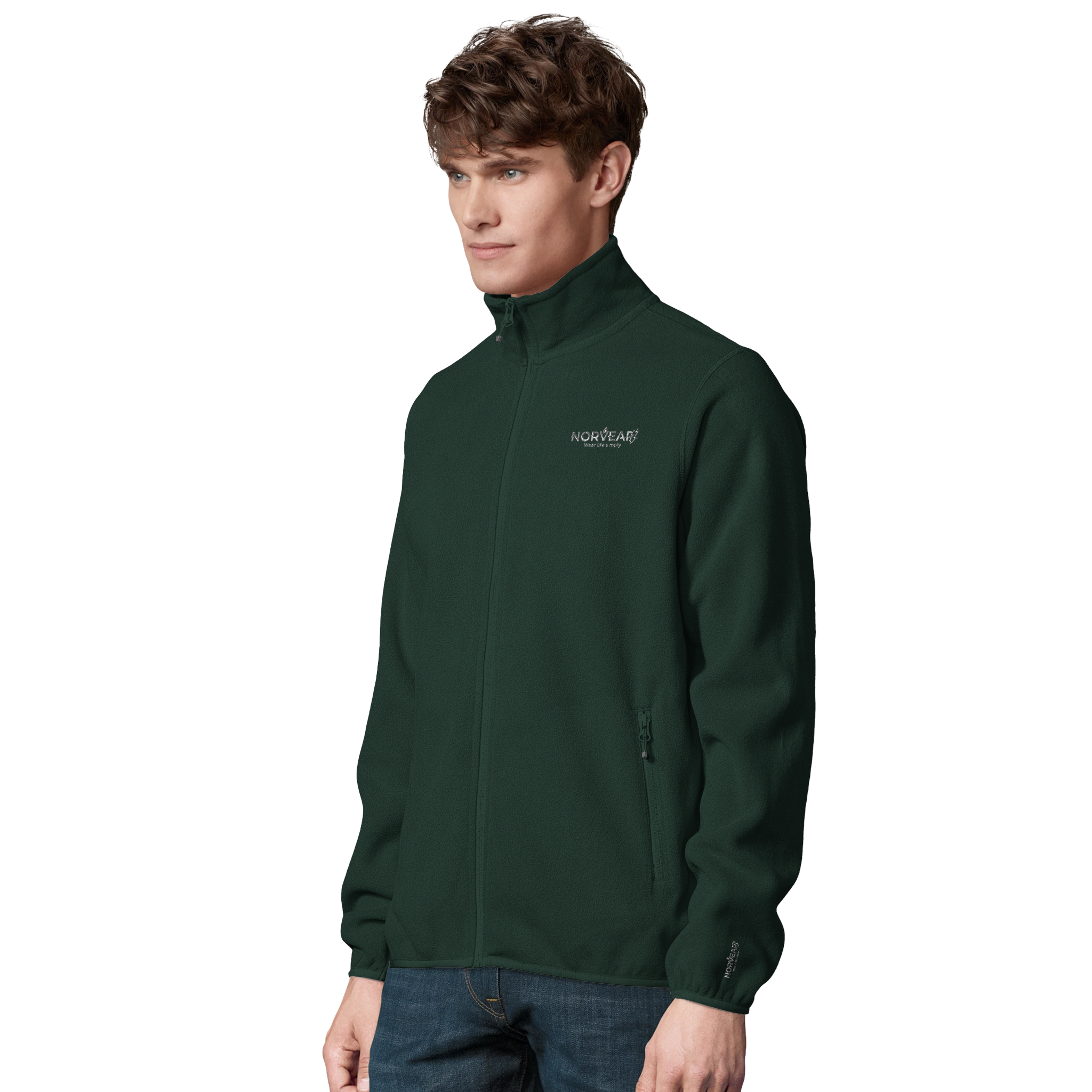 Man wearing a green jacket with a brand logo on a white background