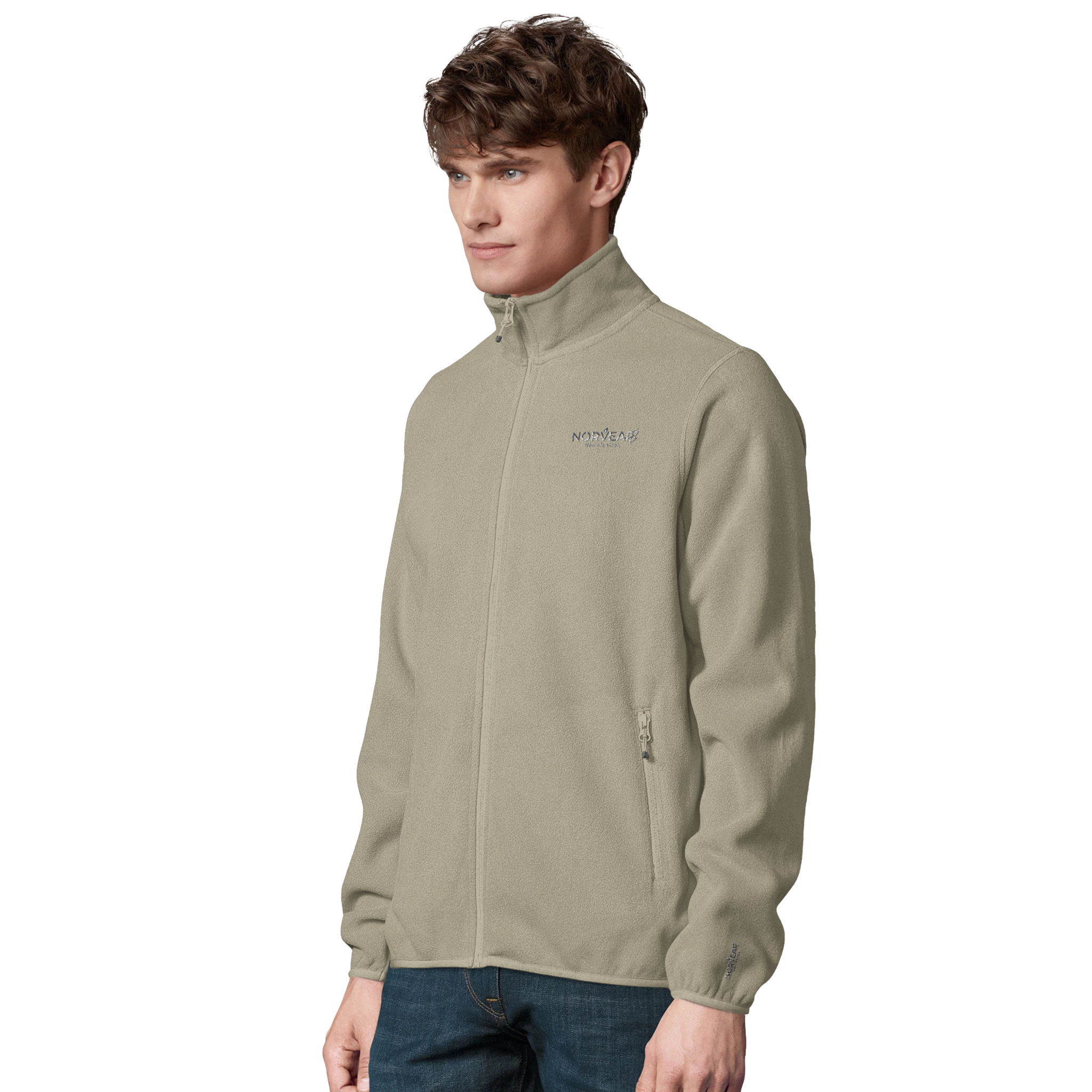 Man wearing a beige jacket with a brand logo on a white background