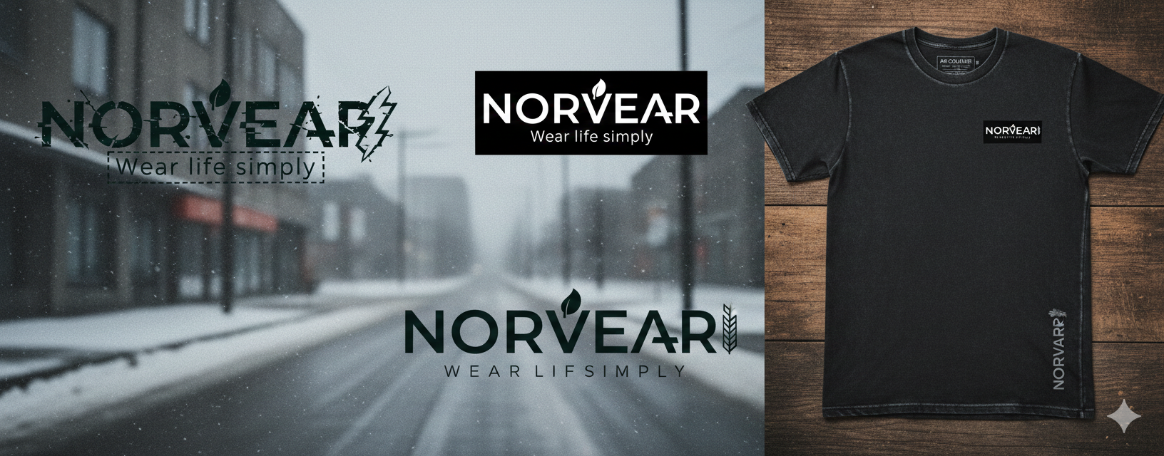 Collection of black and white Norvear brand logos displayed alongside a black Norvear t-shirt on wooden background