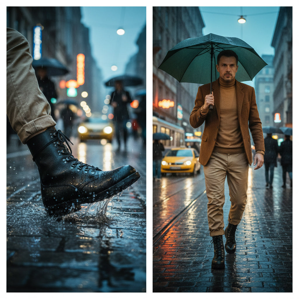 A Man with M77 boots walking in the raining streets of Berlin