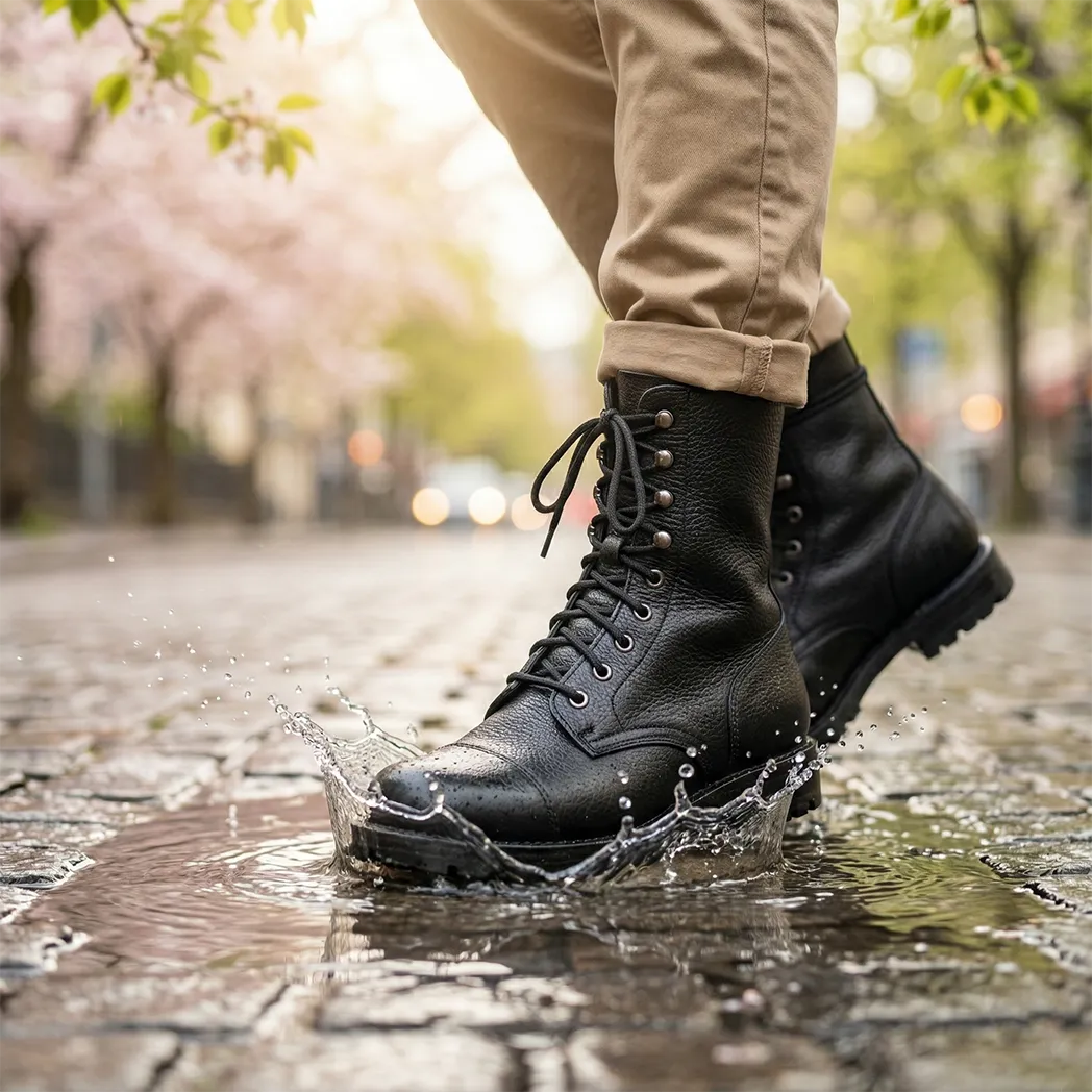 Nahaufnahme von M77 Norvear Lederstiefeln, die in eine Pfütze auf einer Kopfsteinpflasterstraße spritzen, mit blühenden Kirschbäumen im sonnigen Frühlingshintergrund.