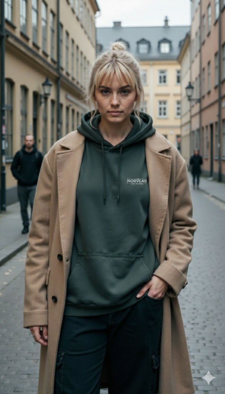 Woman wearing green Norvear midweight hoodie and camel coat standing on a city street with blurred pedestrians behind her