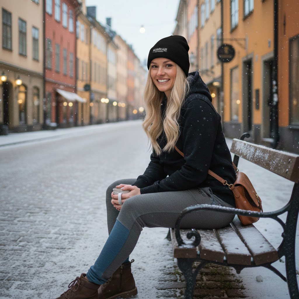 Smiling woman wearing black beanie and eco-friendly joggers sitting on snowy bench in urban street at dusk