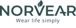 Norvear logo in dark green uppercase letters with a leaf detail above tagline "Wear life simply" on transparent background