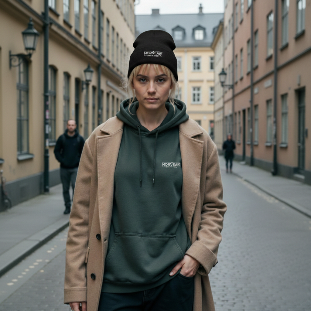 Young woman in a black Norvear embroidered beanie and long tan coat walking on a snowy Nordic street.