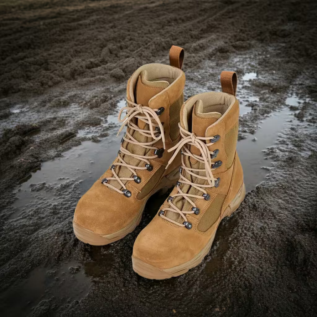 A pair of Samelin NATO Combat Boots 583 in brown suede and nylon standing in a muddy puddle. The high-top tactical boots feature a speed-lacing system and are reflected in the water on dark, wet ground.