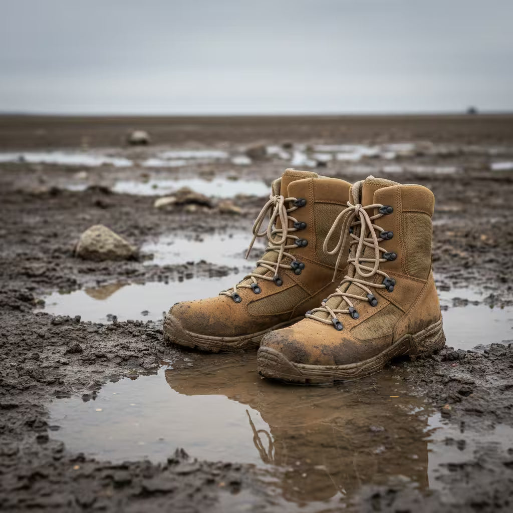 A side-profile view of the Samelin NATO Combat Boots 583 positioned in a muddy landscape. The durable outdoor boots are shown with mud splashes on the soles and toes, emphasizing their rugged utility in harsh terrain.