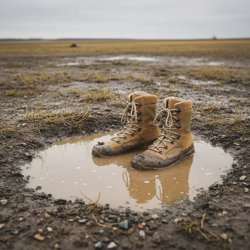 Pair of muddy boots in a puddle with a barren landscape in the background
