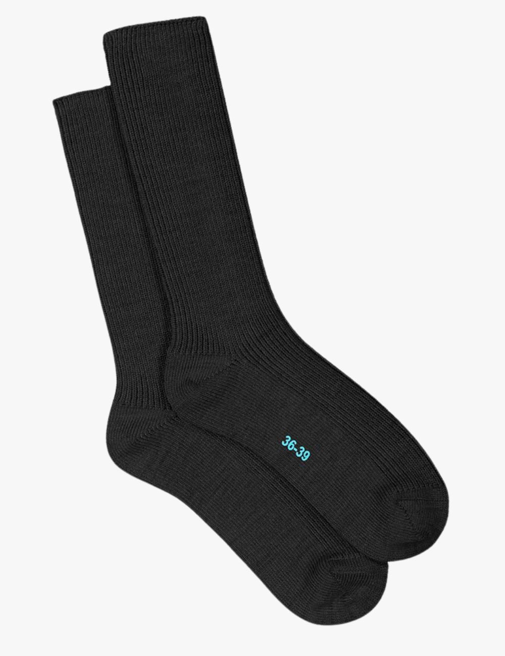 Pair of black socks with a brand logo on a white background