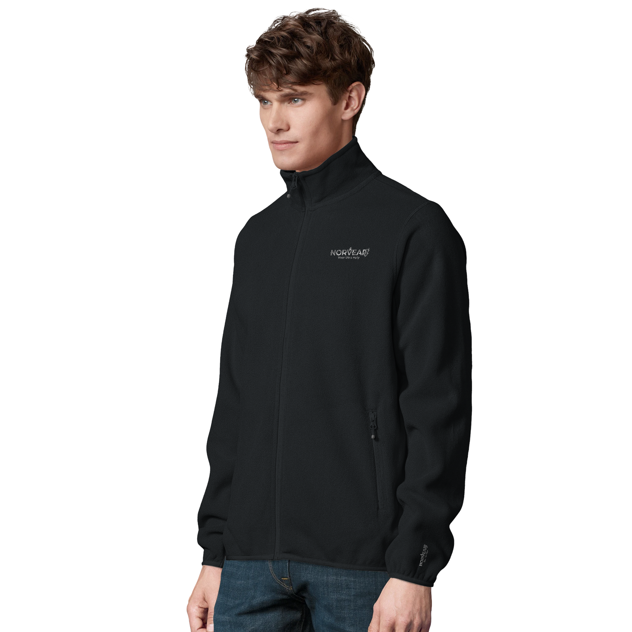 Man wearing a black jacket with a brand logo on a white background