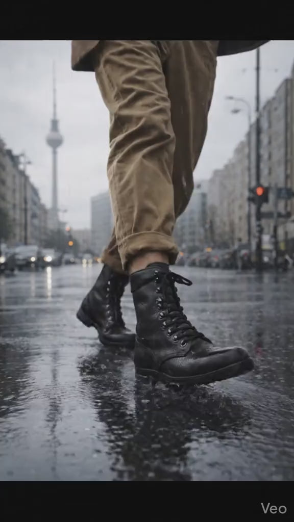 Ein Mann trägt M77 Tactical Boots und geht durch die regennassen Straßen Berlins.